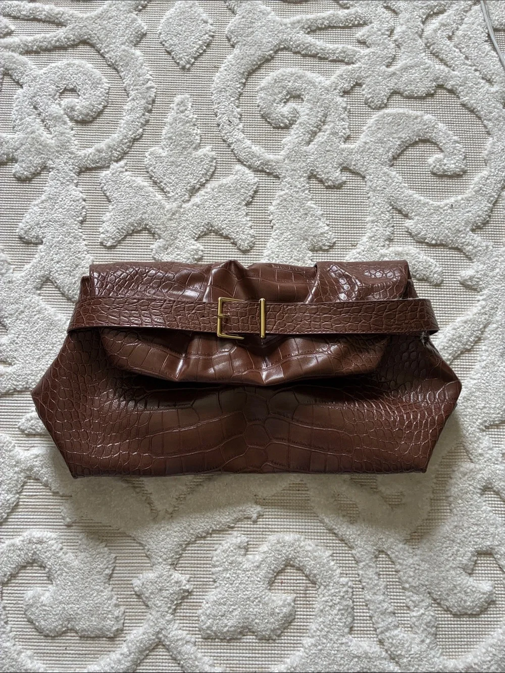 H&M Brown Croc-Embossed Foldover Clutch with Buckle Belt